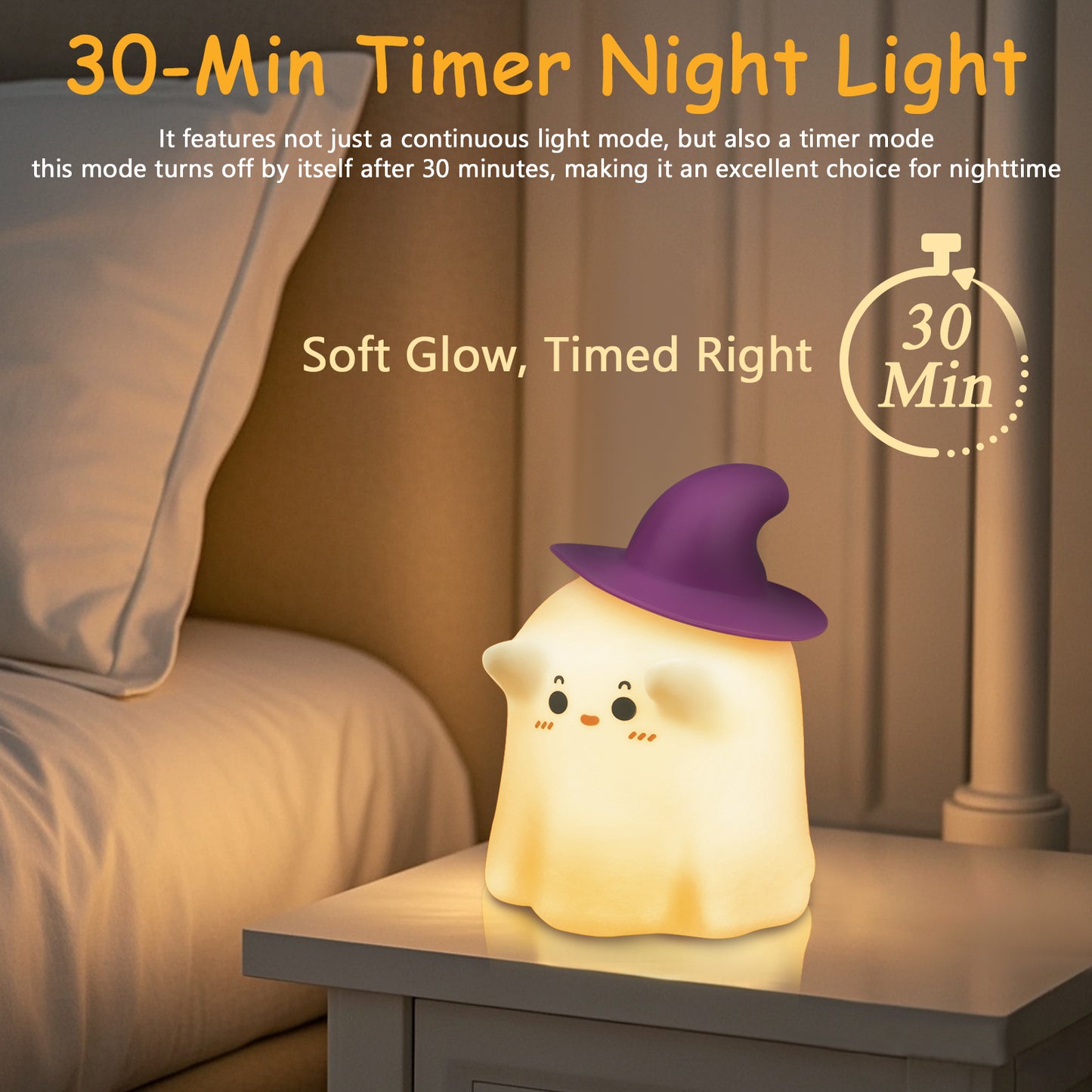 Ghost Night Light, Halloween Night Light with Timer, Soft Squeezable Touch Lamp, Rechargeable Dimmable Cute Lamp, for Bedroom Desk Decor & Halloween Decor Gifts
